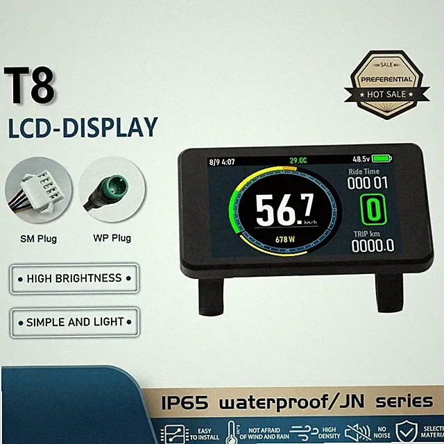 Electric Bicycle LCD T8 Display SM/Waterproof Plug 24V-72V Intelligent Display